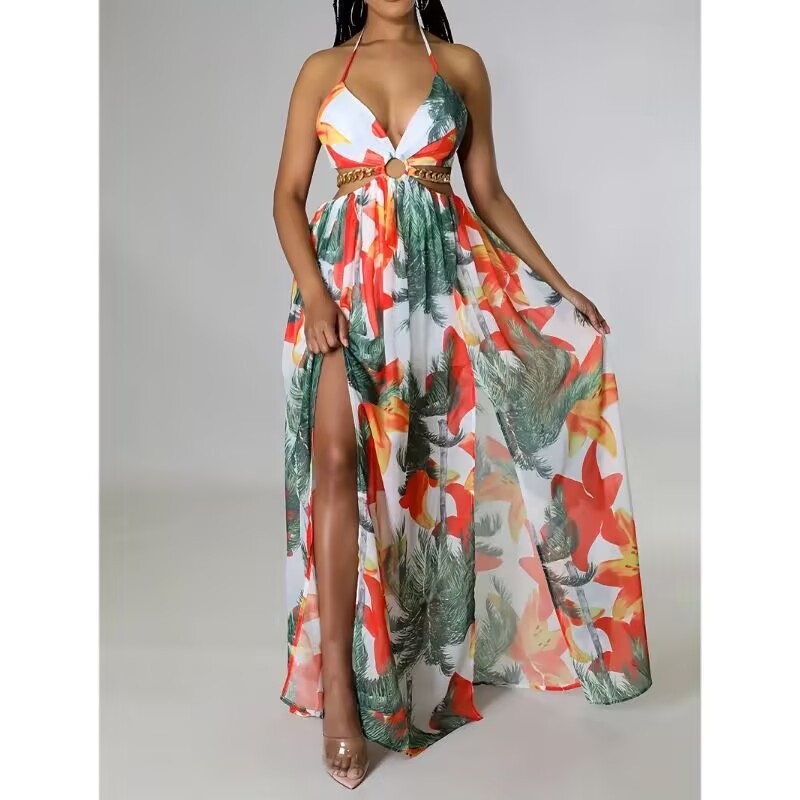 Elegant Womens Floral Print Halter V-neck Backless Side-Slit Dress Cut Out Waist Chain Sleeveless High Side Split Fit Flare Maxi Long Dresses
