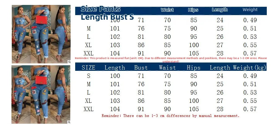 Women Top And Bottom Denim Sleeveless Sling Crop Top And High Waisted Skinny Pants With Patchwork