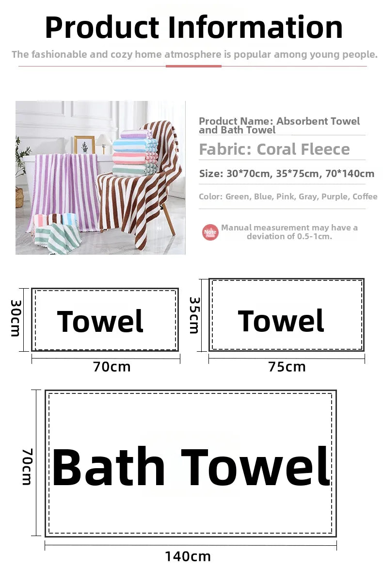 Striped Bath Towels Microfiber Coral Fleece Soft Absorbent Quick Dry Face Towels For Bathroom