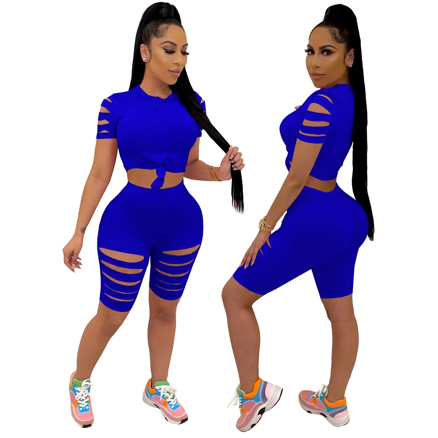 Women Sexy Solid Color Cut Out Two Piece Top And Bottom Summer Short Sleeve