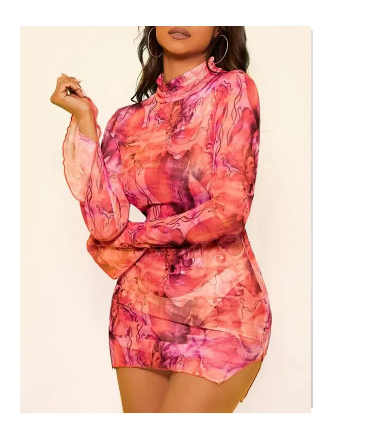 Women Sexy Mesh Abstract Print Mini Dress Long Flare Sleeve Mock Neck Slim Fit Sheer