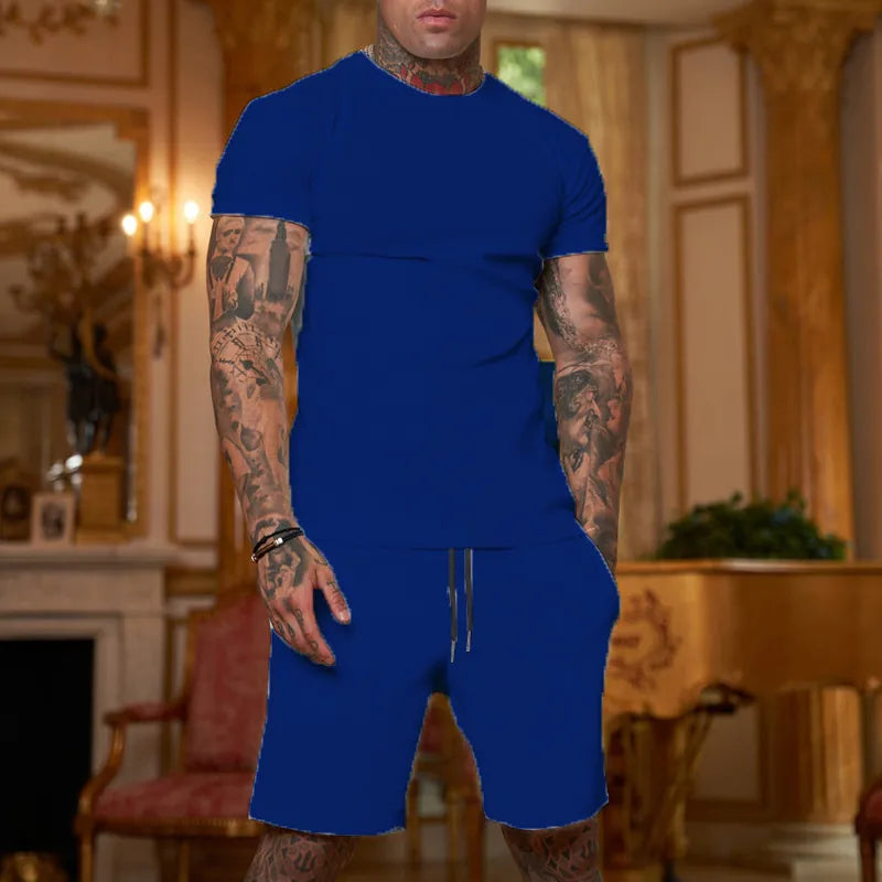 Men Short Sleeve Round Neck T-Shirt And Drawstring Shorts