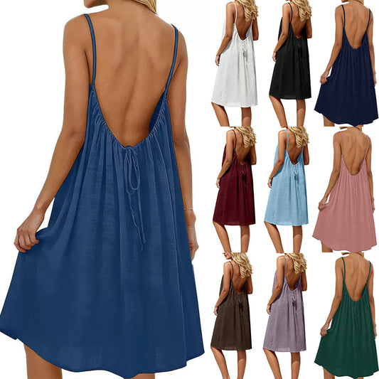 Women's Solid Color Spaghetti Strap Backless Dress - Sleeveless Summer Bodycon Fit Casual Evening Dress For Daily Wear Holiday Outfit