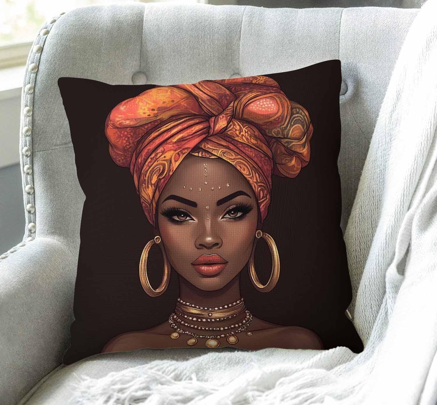 African American Woman Pretty Girl Throw Pillow Cover Cushion Case for Home Decor Sofa Couch 18" X 18" Inch Cotton Linen Farmhouse Decorations