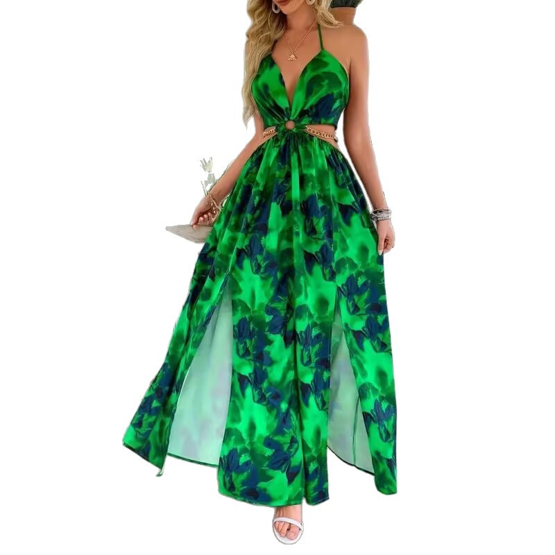 Elegant Womens Floral Print Halter V-neck Backless Side-Slit Dress Cut Out Waist Chain Sleeveless High Side Split Fit Flare Maxi Long Dresses