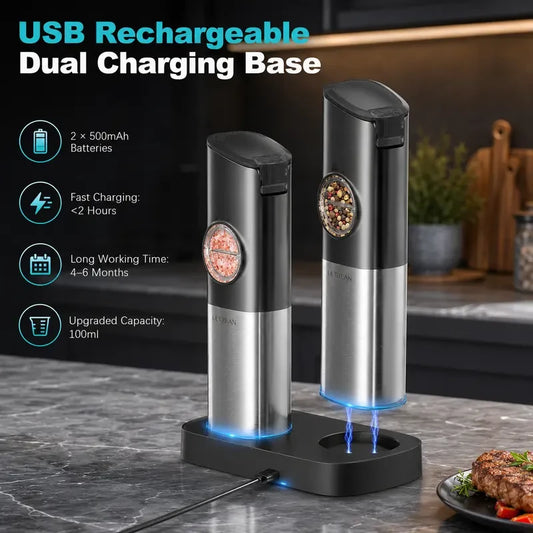 Rechargeable Stainless Steel Salt and Pepper Grinder Set