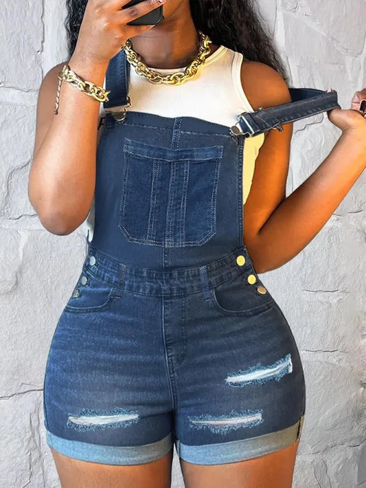 Stretchy Ripped Denim Bib Shorts