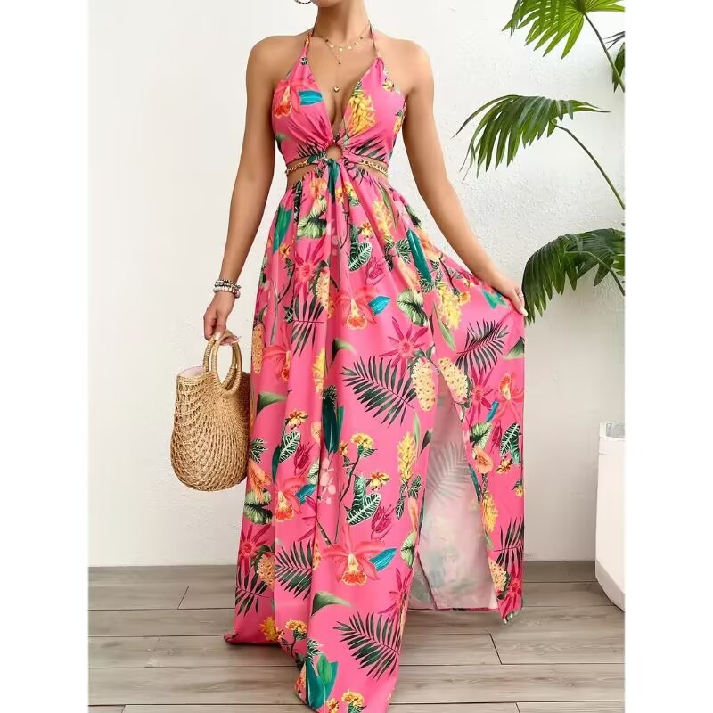 Elegant Womens Floral Print Halter V-neck Backless Side-Slit Dress Cut Out Waist Chain Sleeveless High Side Split Fit Flare Maxi Long Dresses