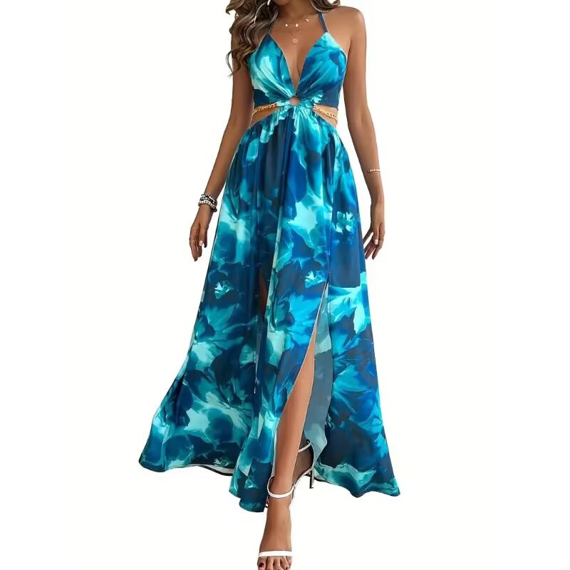 Elegant Womens Floral Print Halter V-neck Backless Side-Slit Dress Cut Out Waist Chain Sleeveless High Side Split Fit Flare Maxi Long Dresses