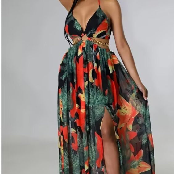 Elegant Womens Floral Print Halter V-neck Backless Side-Slit Dress Cut Out Waist Chain Sleeveless High Side Split Fit Flare Maxi Long Dresses