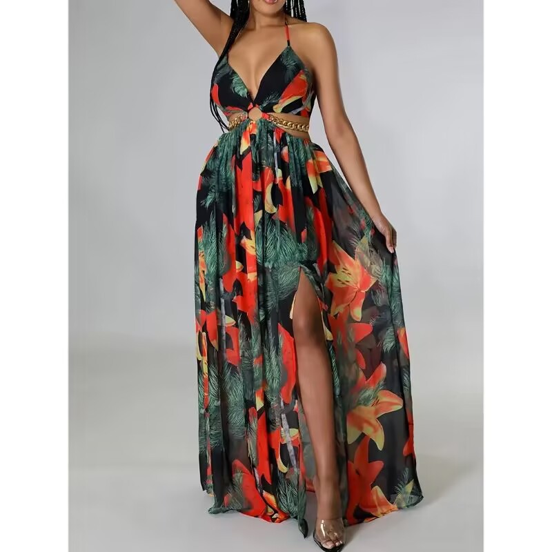 Elegant Womens Floral Print Halter V-neck Backless Side-Slit Dress Cut Out Waist Chain Sleeveless High Side Split Fit Flare Maxi Long Dresses