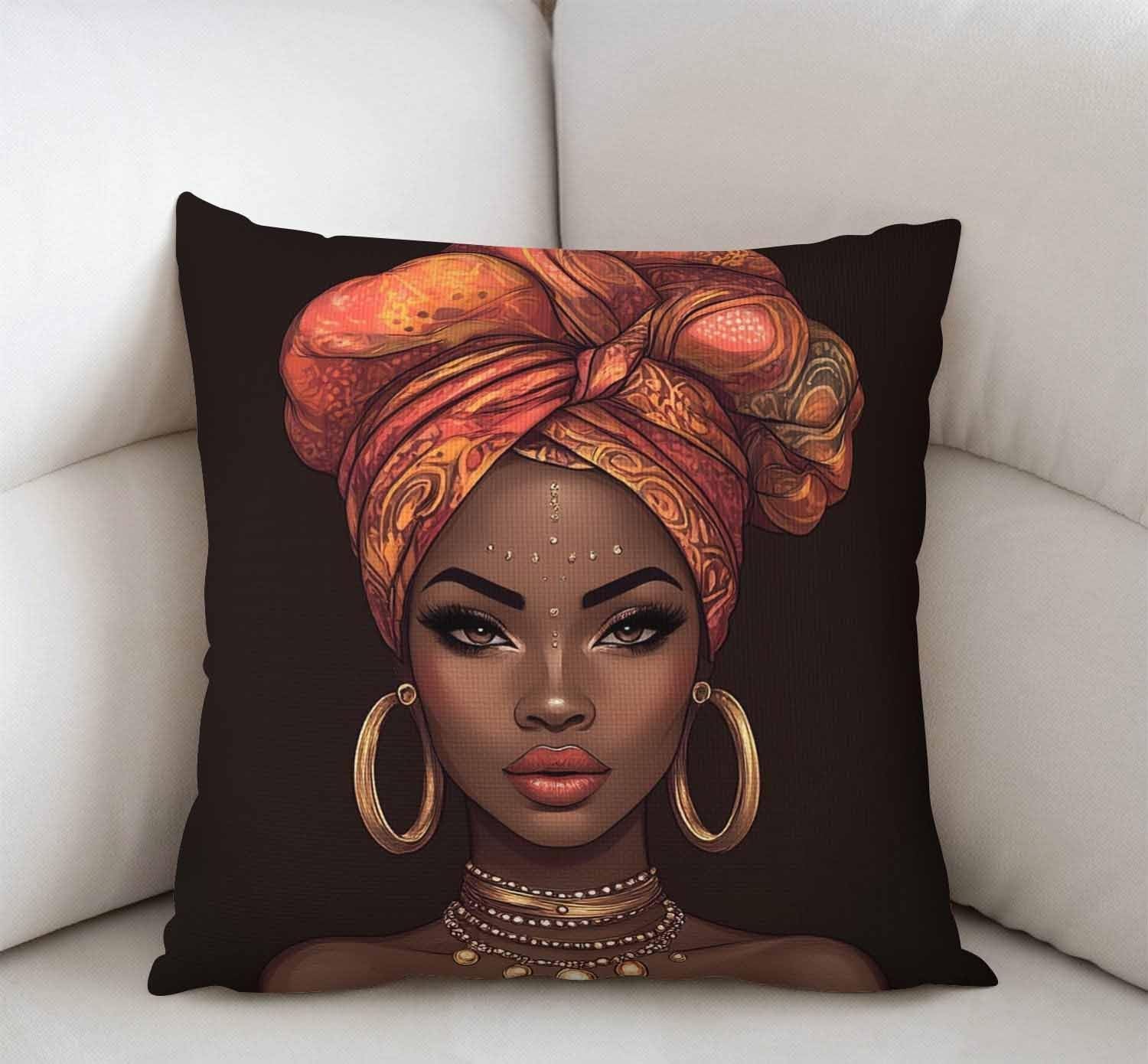 African American Woman Pretty Girl Throw Pillow Cover Cushion Case for Home Decor Sofa Couch 18" X 18" Inch Cotton Linen Farmhouse Decorations