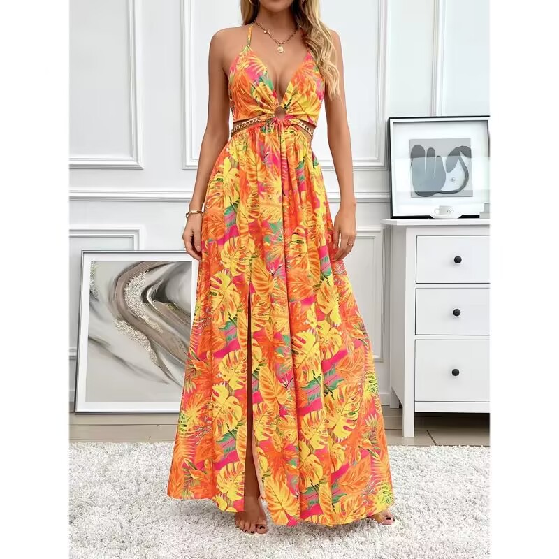 Elegant Womens Floral Print Halter V-neck Backless Side-Slit Dress Cut Out Waist Chain Sleeveless High Side Split Fit Flare Maxi Long Dresses