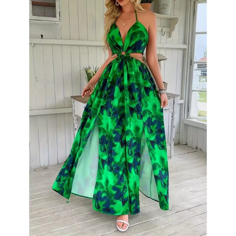 Elegant Womens Floral Print Halter V-neck Backless Side-Slit Dress Cut Out Waist Chain Sleeveless High Side Split Fit Flare Maxi Long Dresses