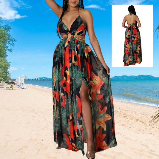 Elegant Womens Floral Print Halter V-neck Backless Side-Slit Dress Cut Out Waist Chain Sleeveless High Side Split Fit Flare Maxi Long Dresses