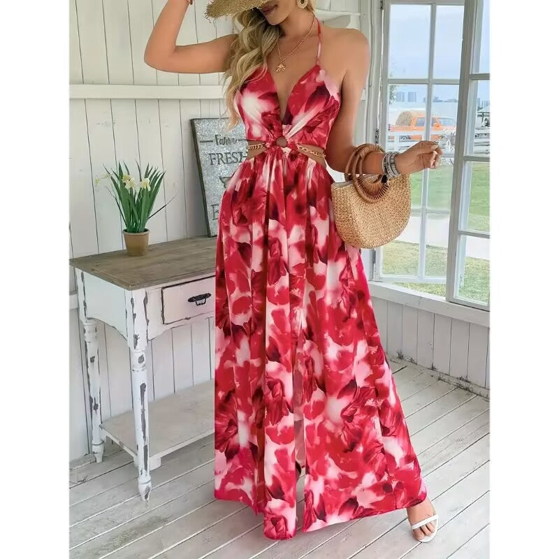 Elegant Womens Floral Print Halter V-neck Backless Side-Slit Dress Cut Out Waist Chain Sleeveless High Side Split Fit Flare Maxi Long Dresses