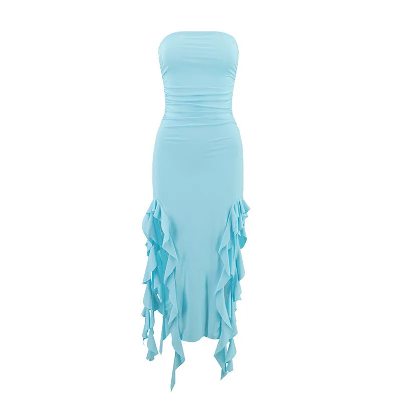 Women Sexy Strapless Ruched Midi Dress Ruffle High Split Slim Fit