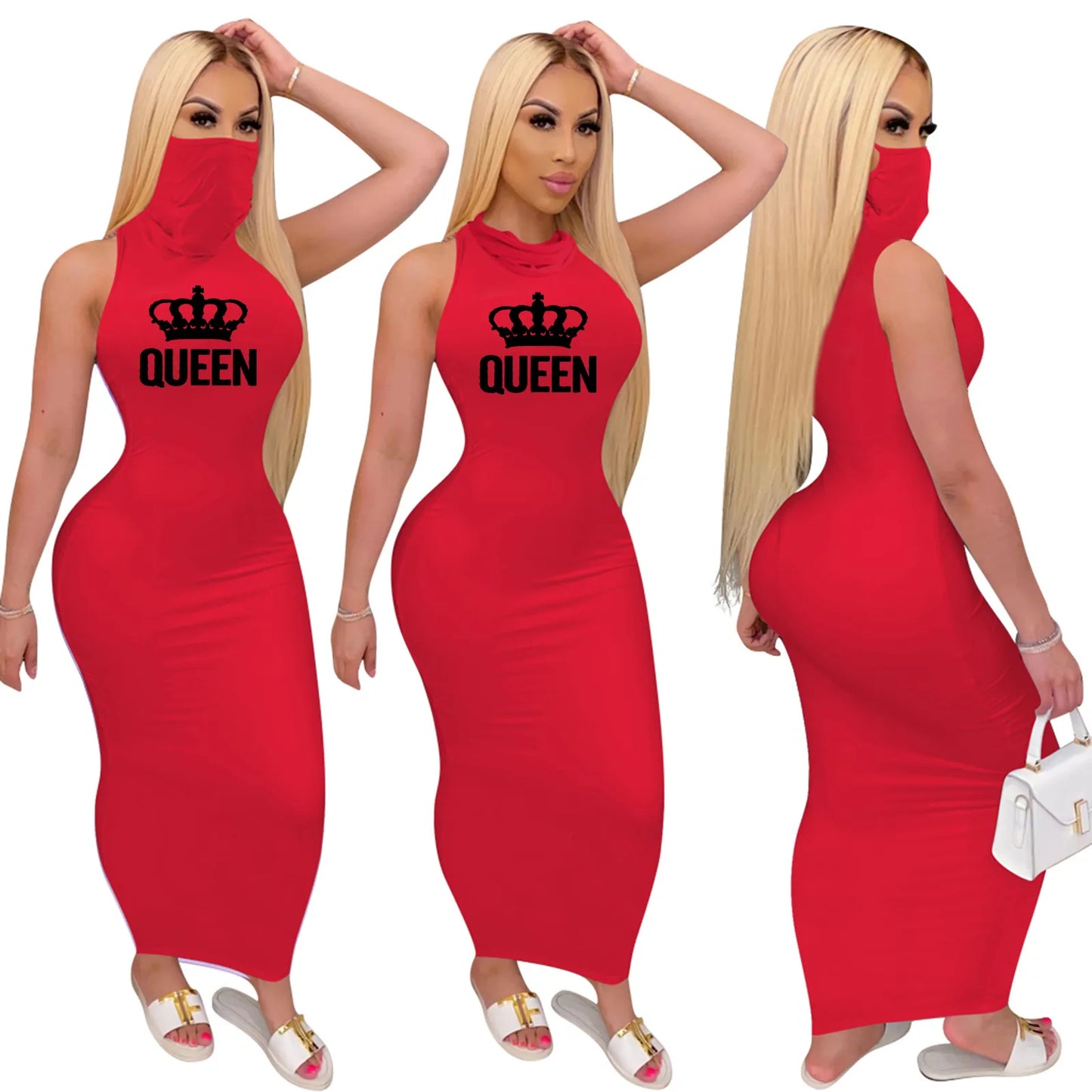 Women Sexy Sleeveless Bodycon Maxi Dress Integrated Face Mask Crown Queen Print