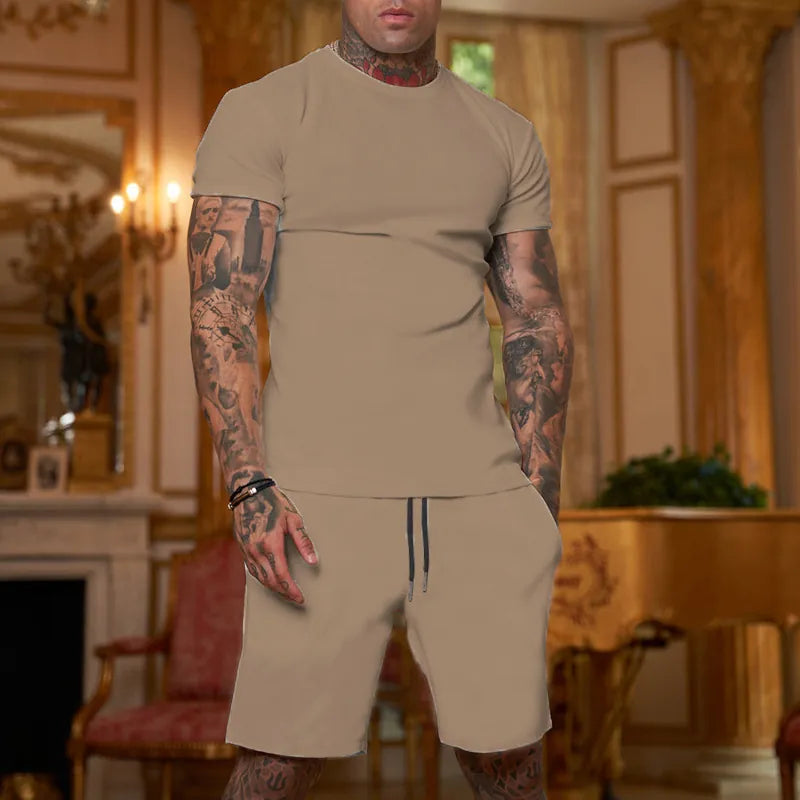 Men Short Sleeve Round Neck T-Shirt And Drawstring Shorts