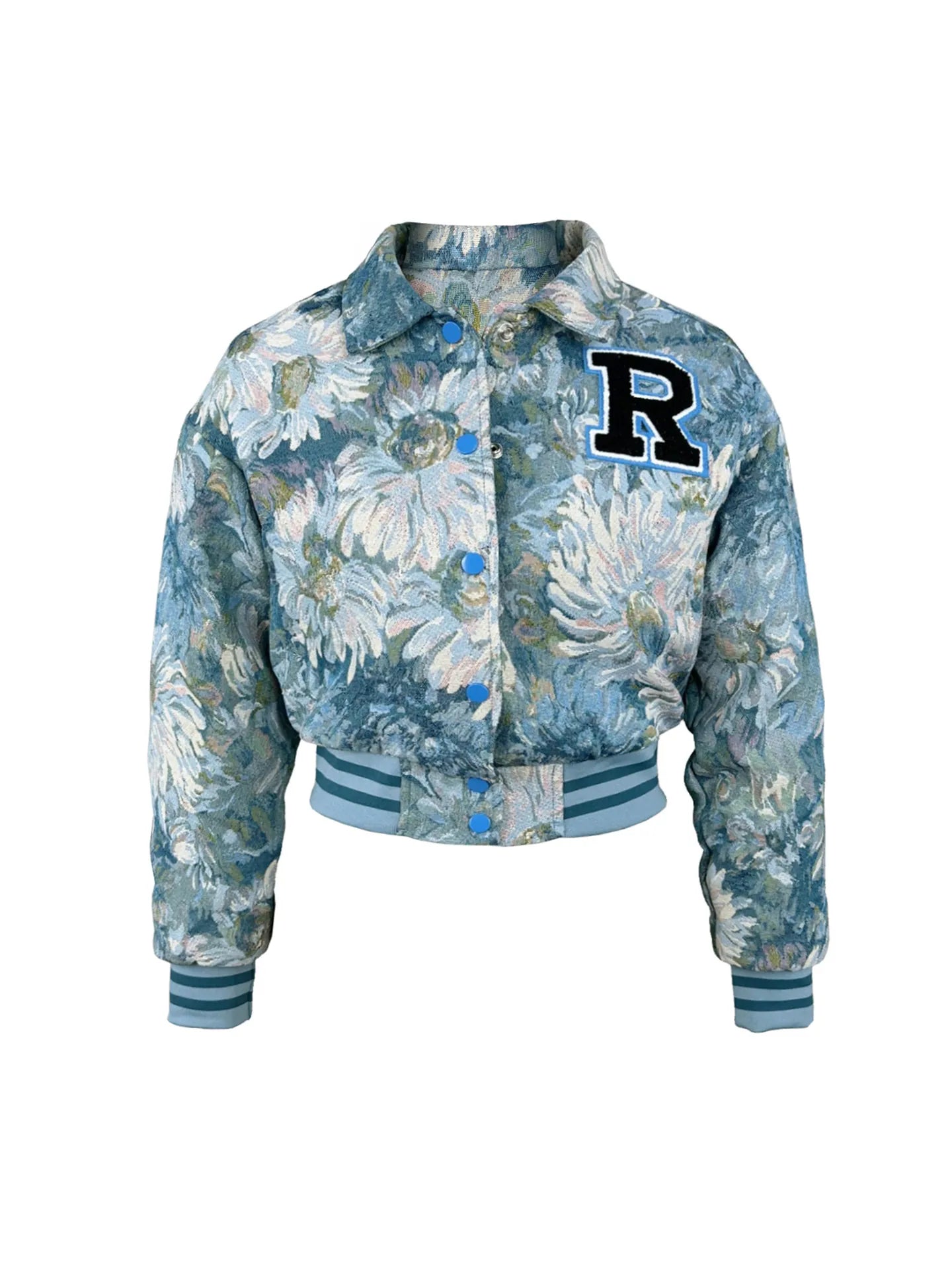 Floral Vintage Tapestry Bomber Jacket Women Retro Letter R Patch Varsity Jacket