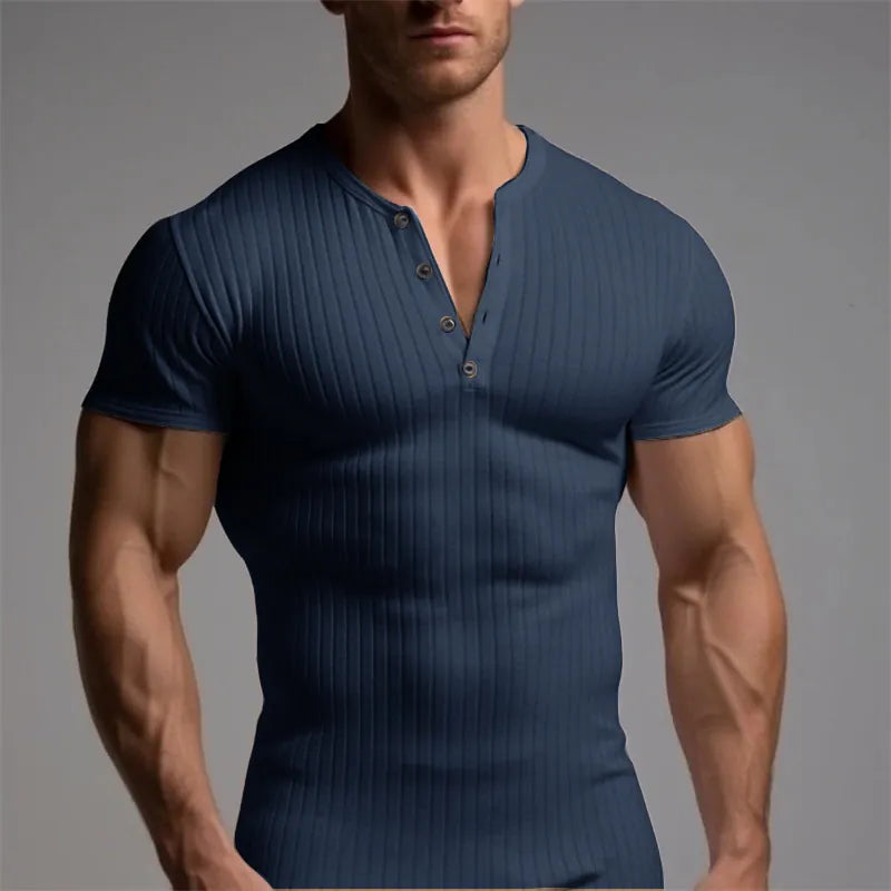 Men Casual Ribbed Knit Short Sleeve Henley Shirt Slim Fit Muscle Cotton Blend Button Up