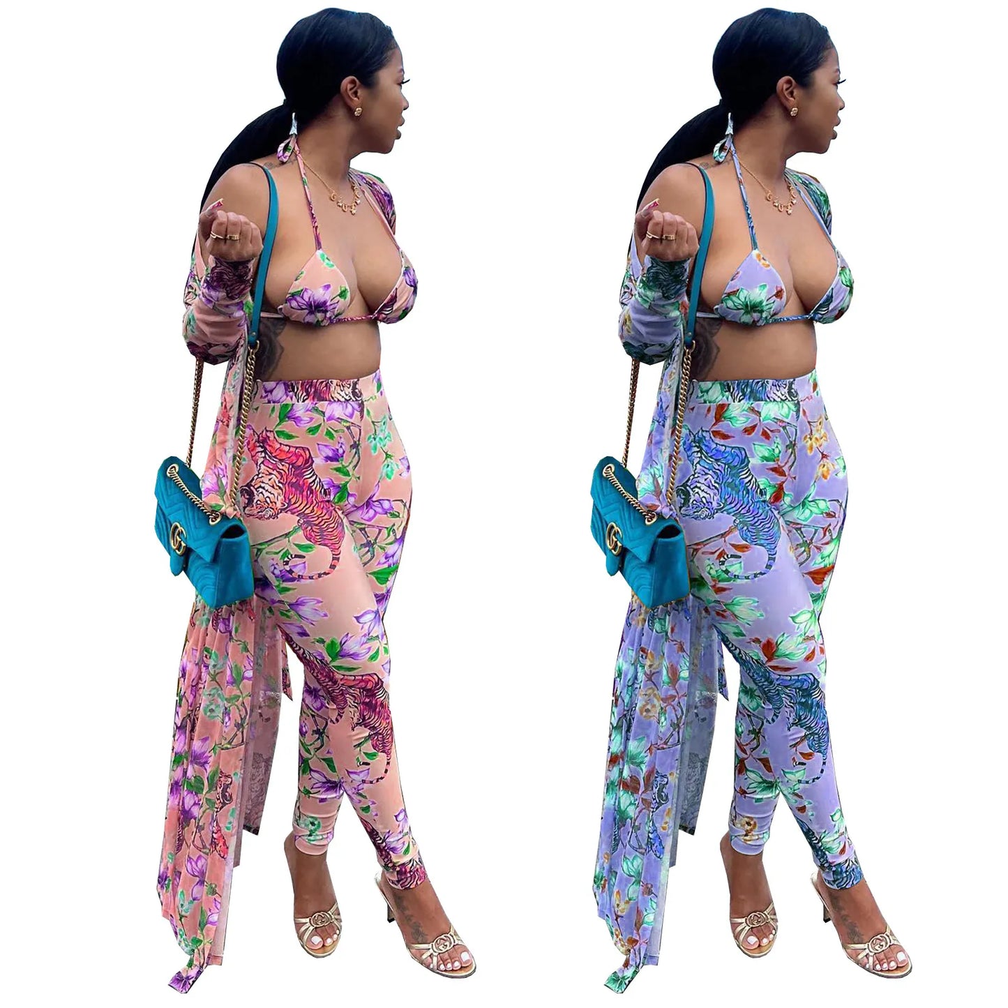 Women Sexy Tiger Floral Print Top And Bottom Plus Long Cardigan 3PC Outfit