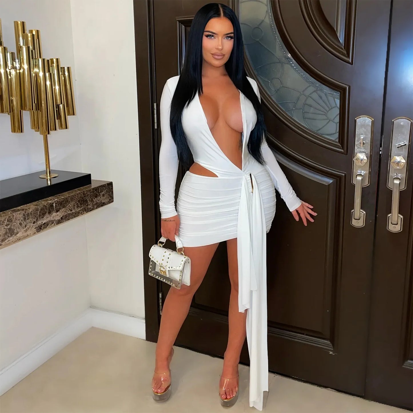 Sexy Deep V Neck Long Sleeve Cut Out Mini Dress With Long Streamers