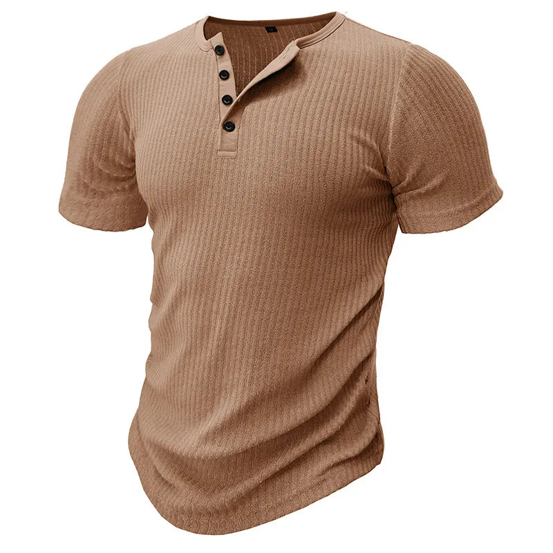 Men Casual Ribbed Knit Short Sleeve Henley Shirt Slim Fit Muscle Cotton Blend Button Up