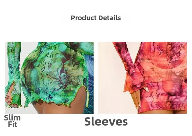 Women Sexy Mesh Abstract Print Mini Dress Long Flare Sleeve Mock Neck Slim Fit Sheer