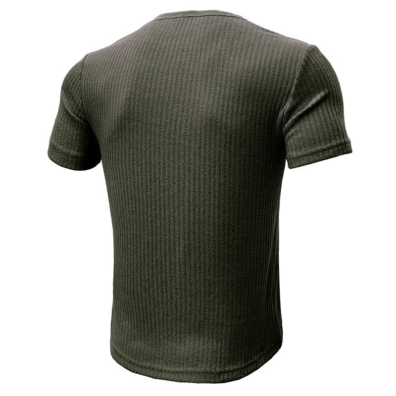 Men Casual Ribbed Knit Short Sleeve Henley Shirt Slim Fit Muscle Cotton Blend Button Up