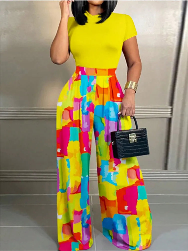 Women Casual Two Piece Set Short Sleeve Top And High Waist Wide Leg Print Pants Trousers Suit