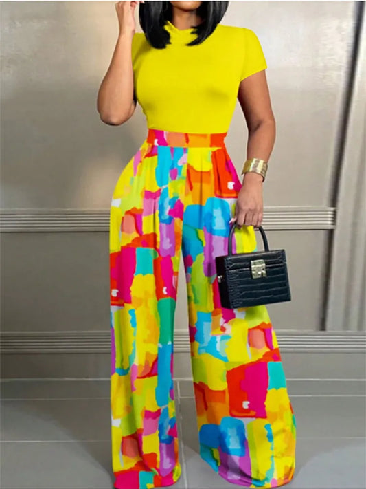 Women Casual Two Piece Set Short Sleeve Top And High Waist Wide Leg Print Pants Trousers Suit