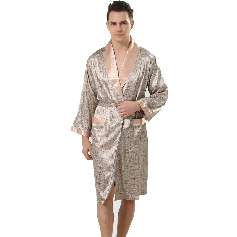 Men Satin Robe Long Sleeve Striped Bathrobe Lightweight Loungewear With Belt & Pockets