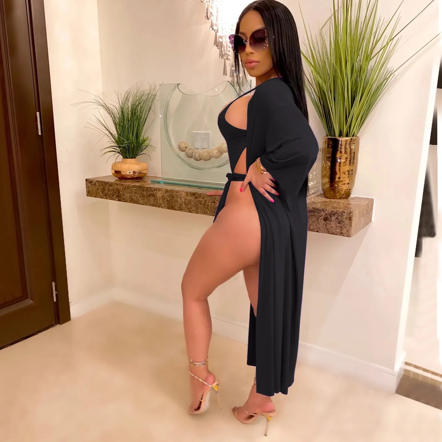 Sexy Women Hollow Out Monokini Top And Bottom With Long Cardigan Polyester Spandex Solid Color Swimsuit