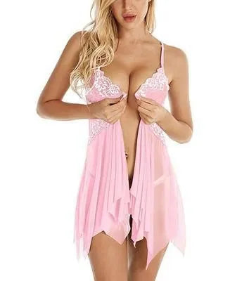Women Sexy Lace Mesh Baby doll V Neck Sheer Lingerie Nightwear With Floral Trim