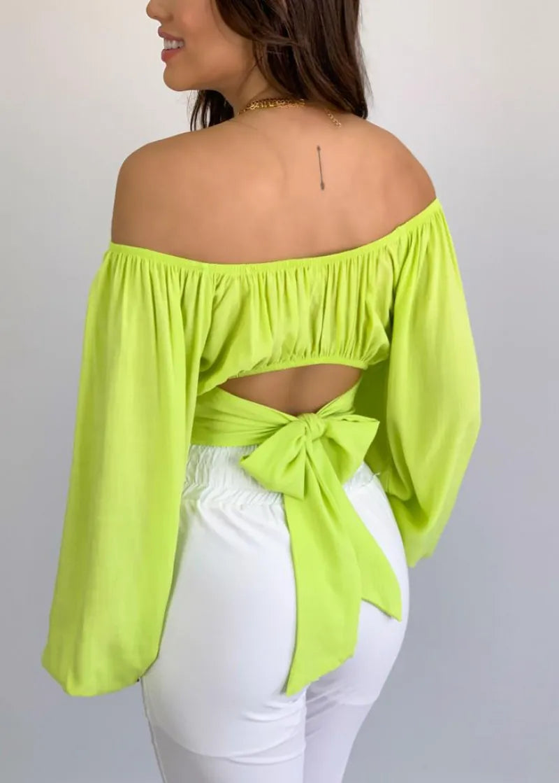 Women Sexy Off The Shoulder Crop Top Long Sleeve Tie Waist Polyester Solid Color Blouse