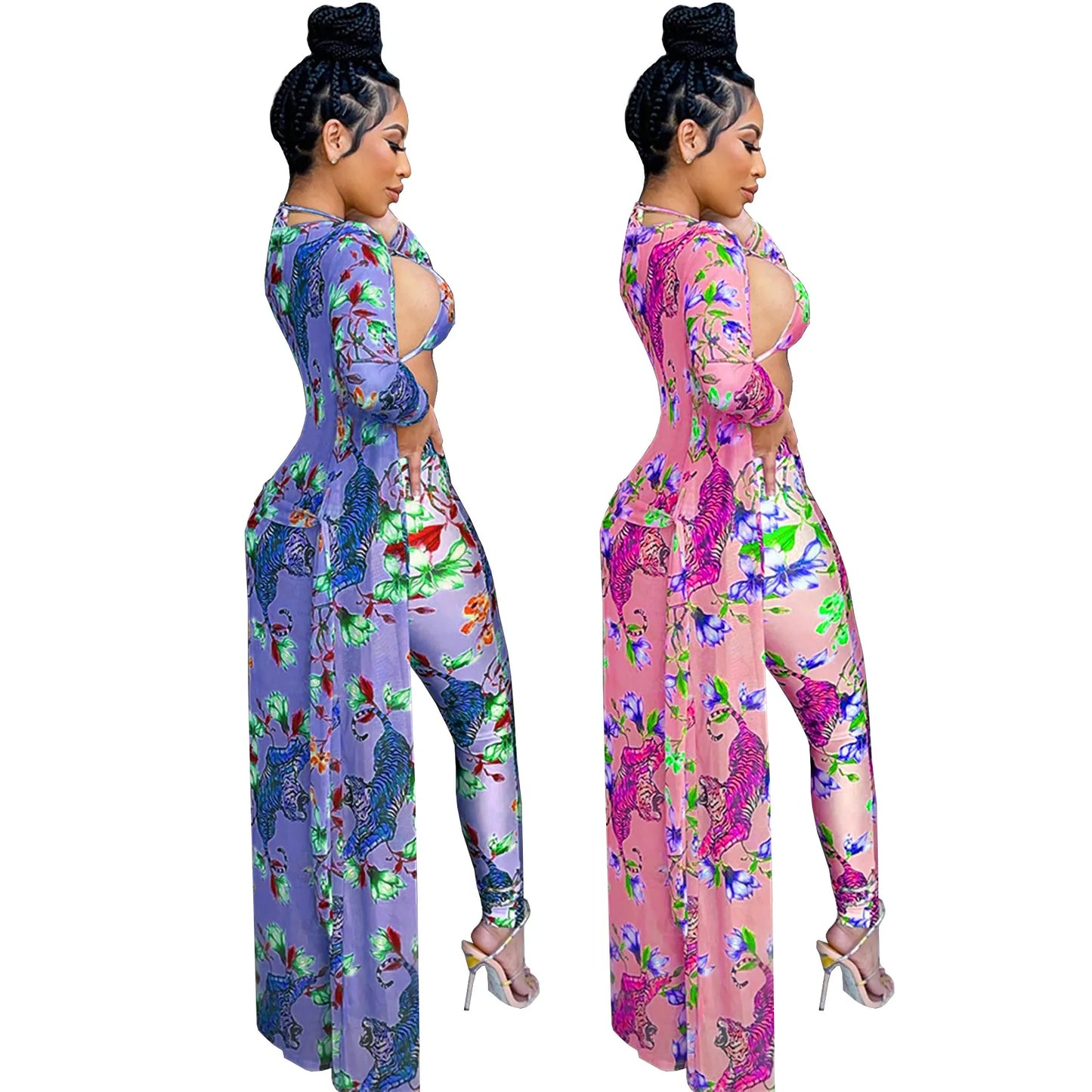 Women Sexy Tiger Floral Print Top And Bottom Plus Long Cardigan 3PC Outfit