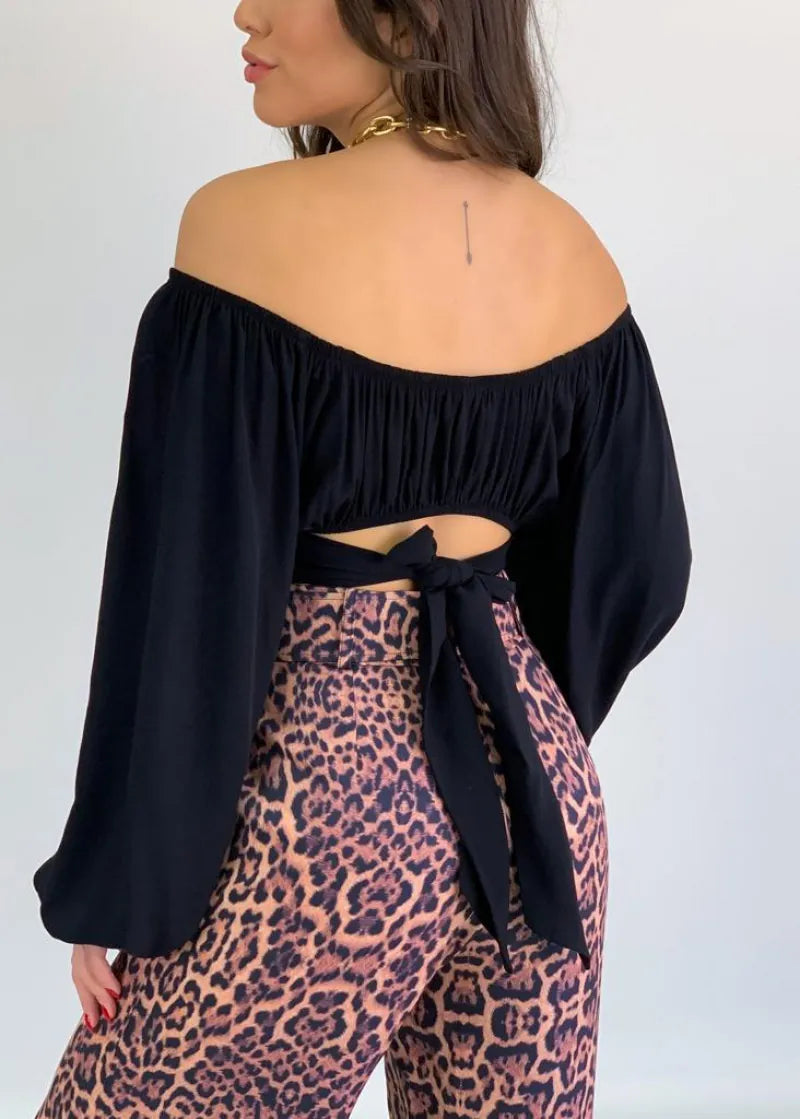 Women Sexy Off The Shoulder Crop Top Long Sleeve Tie Waist Polyester Solid Color Blouse