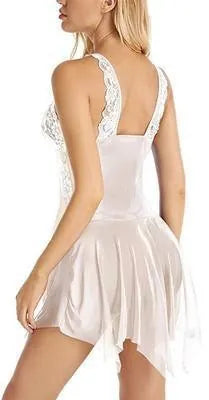 Women Sexy Lace Mesh Baby doll V Neck Sheer Lingerie Nightwear With Floral Trim