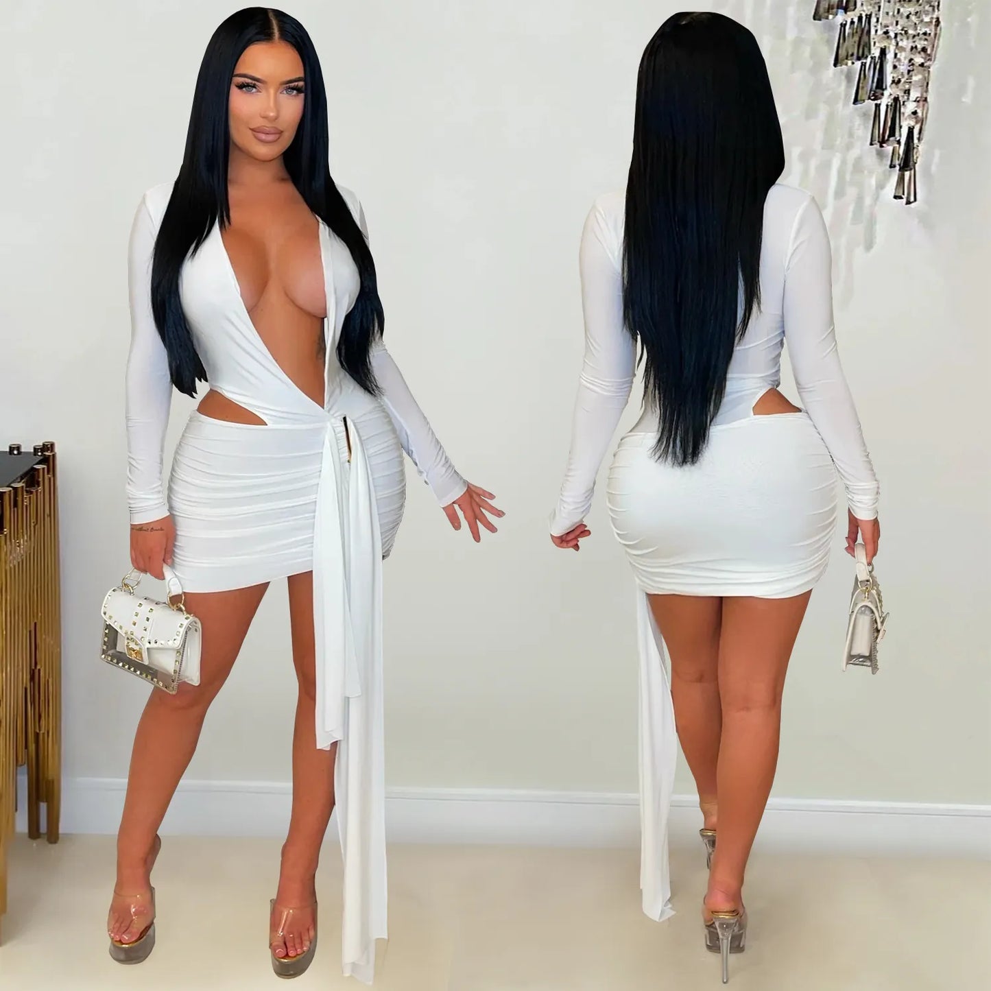 Sexy Deep V Neck Long Sleeve Cut Out Mini Dress With Long Streamers