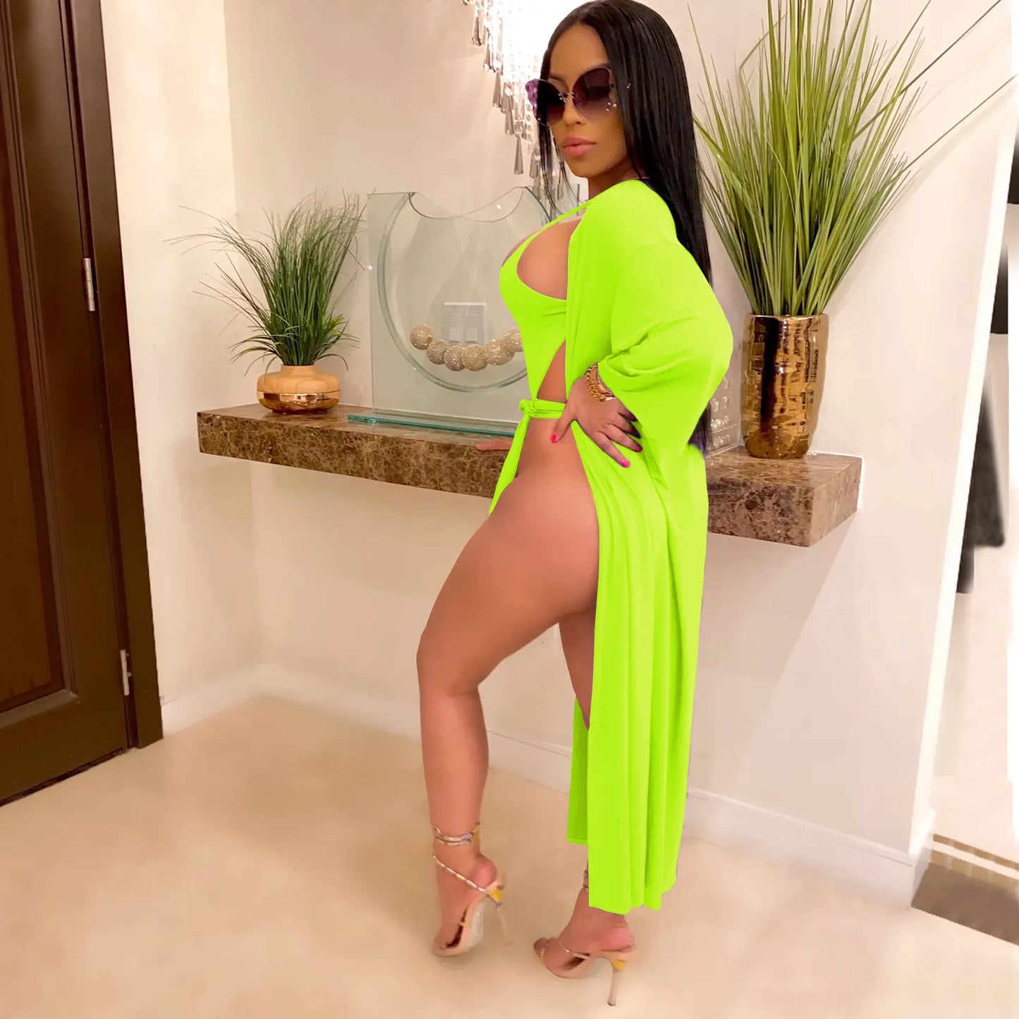 Sexy Women Hollow Out Monokini Top And Bottom With Long Cardigan Polyester Spandex Solid Color Swimsuit