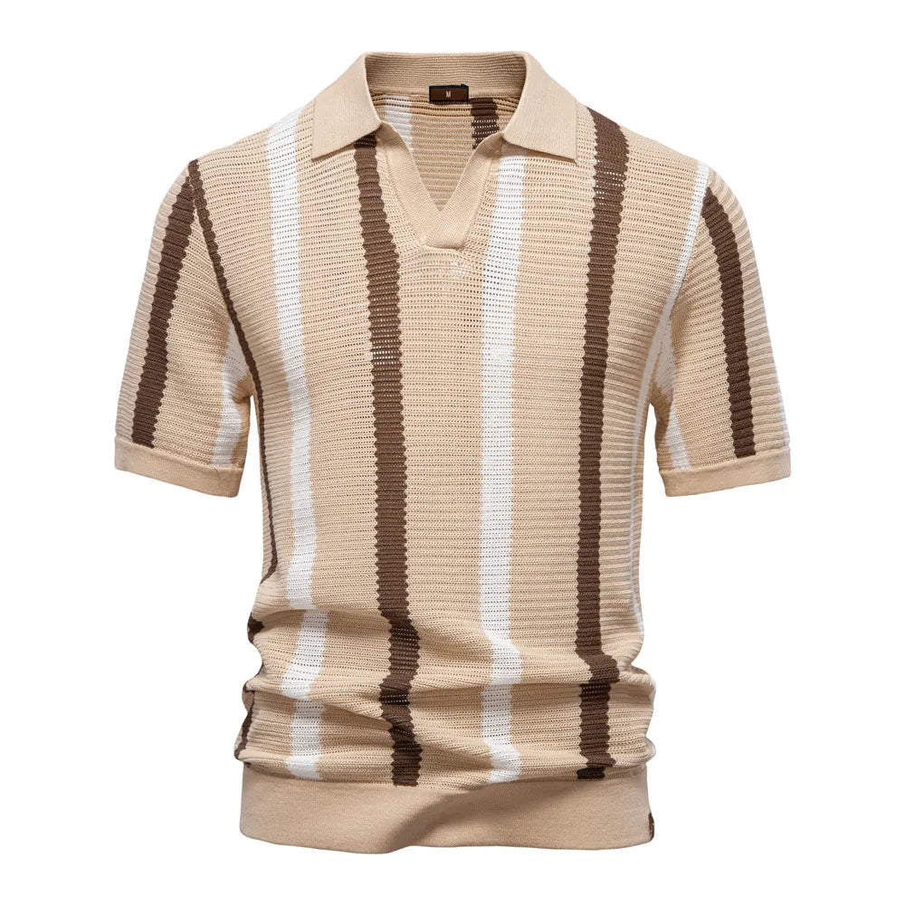 Summer Lightweight Men's Knit Polo Shirt Viscose Polyester Striped Breathable Hollow Short Sleeve