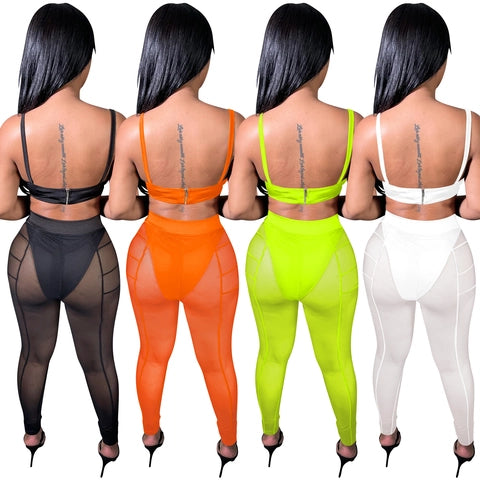 Sexy Mesh Sheer Crop Top And Pants Clubwear Party Suit Sleeveless Back Zipper High Waist Skinny Trousers Suit