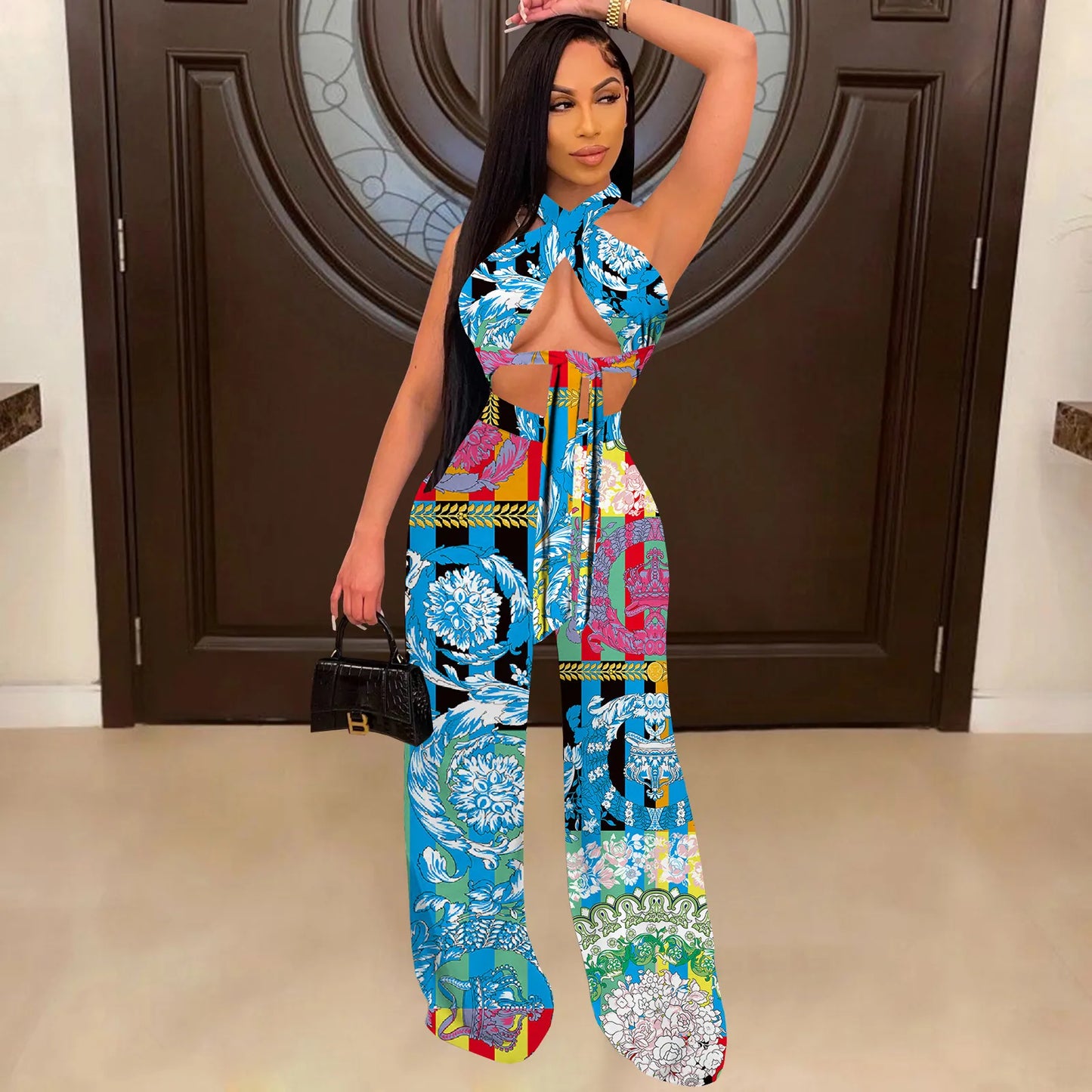 Women Halter Backless Sexy Printed Crop Top And High Waist Wide Leg Pants Outfits