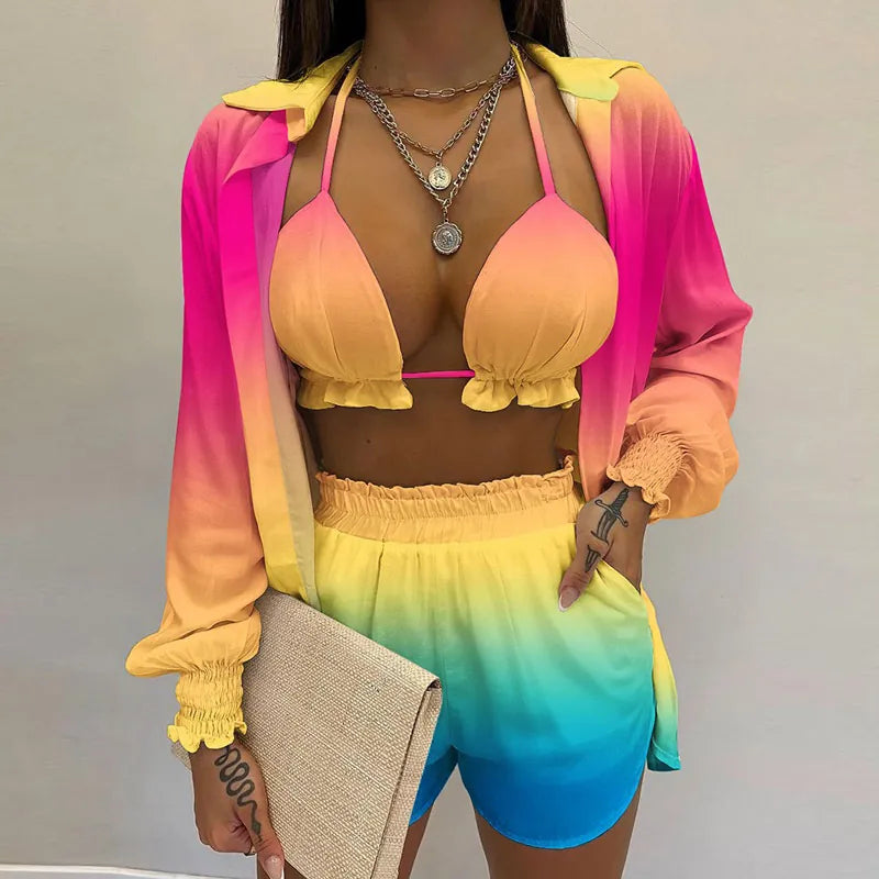 Sexy Vacation Shirt Top And Shorts Outfit Halter Bikini High Waist Bottom Long Sleeve Cover Up Floral Print