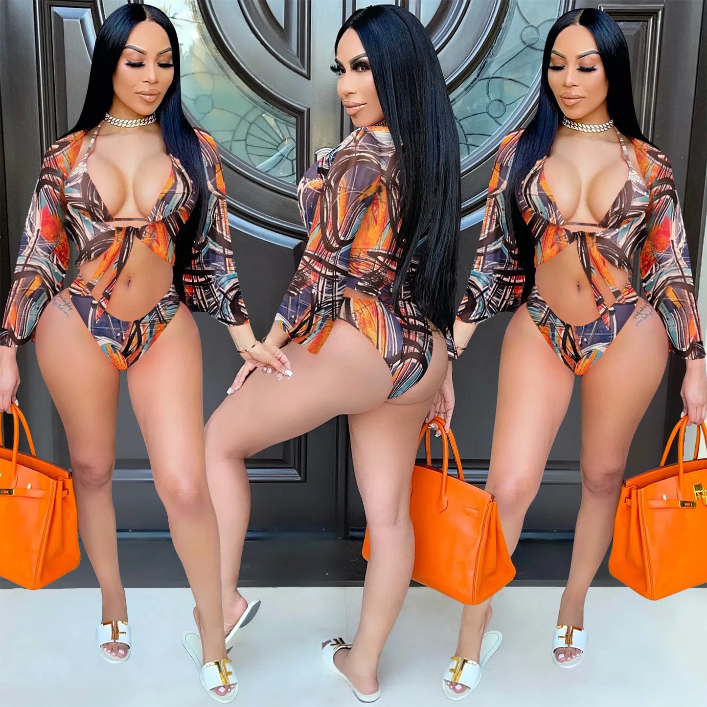 Women Sexy Leopard Print Bikini Top Bottom And Mesh Cover Up Beach Swimwear