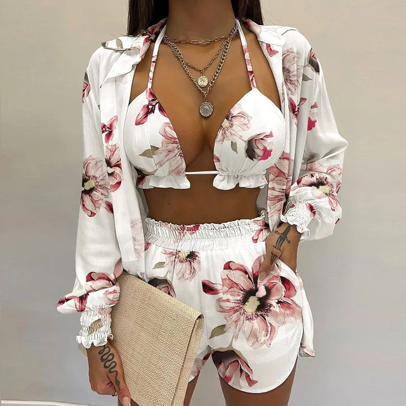 Sexy Vacation Shirt Top And Shorts Outfit Halter Bikini High Waist Bottom Long Sleeve Cover Up Floral Print
