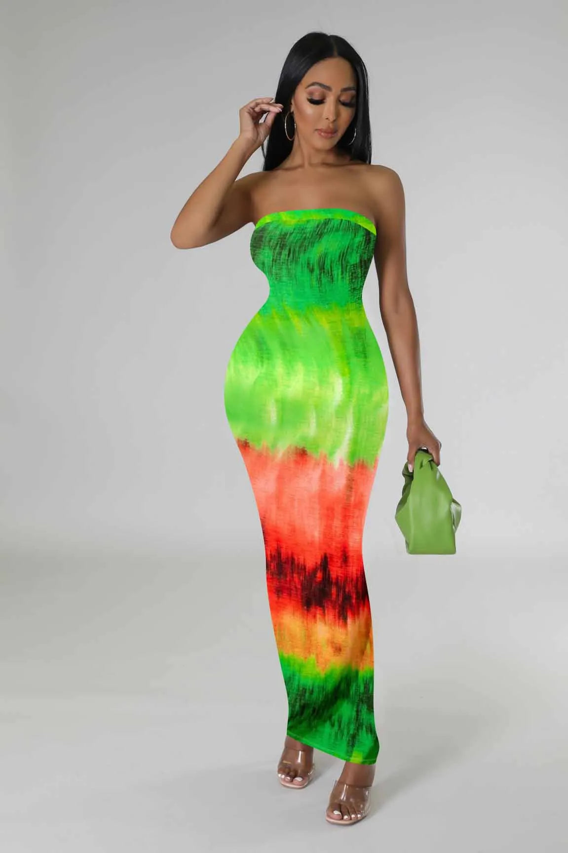 Women Sexy Digital Print Tube Top Maxi Dress Slim Fit Abstract Sunset Palm Tree Printed Strapless