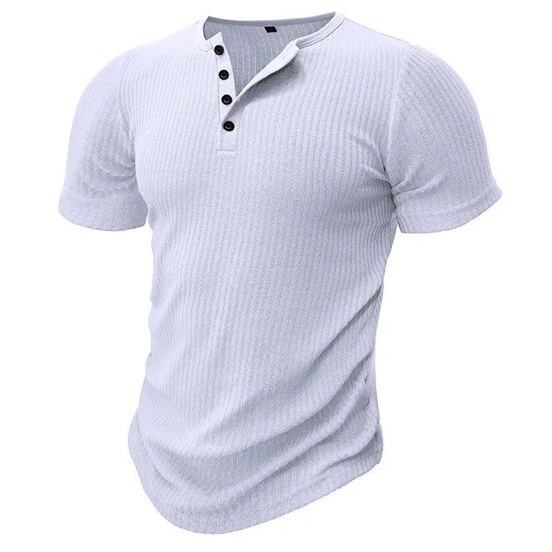 Men Casual Ribbed Knit Short Sleeve Henley Shirt Slim Fit Muscle Cotton Blend Button Up
