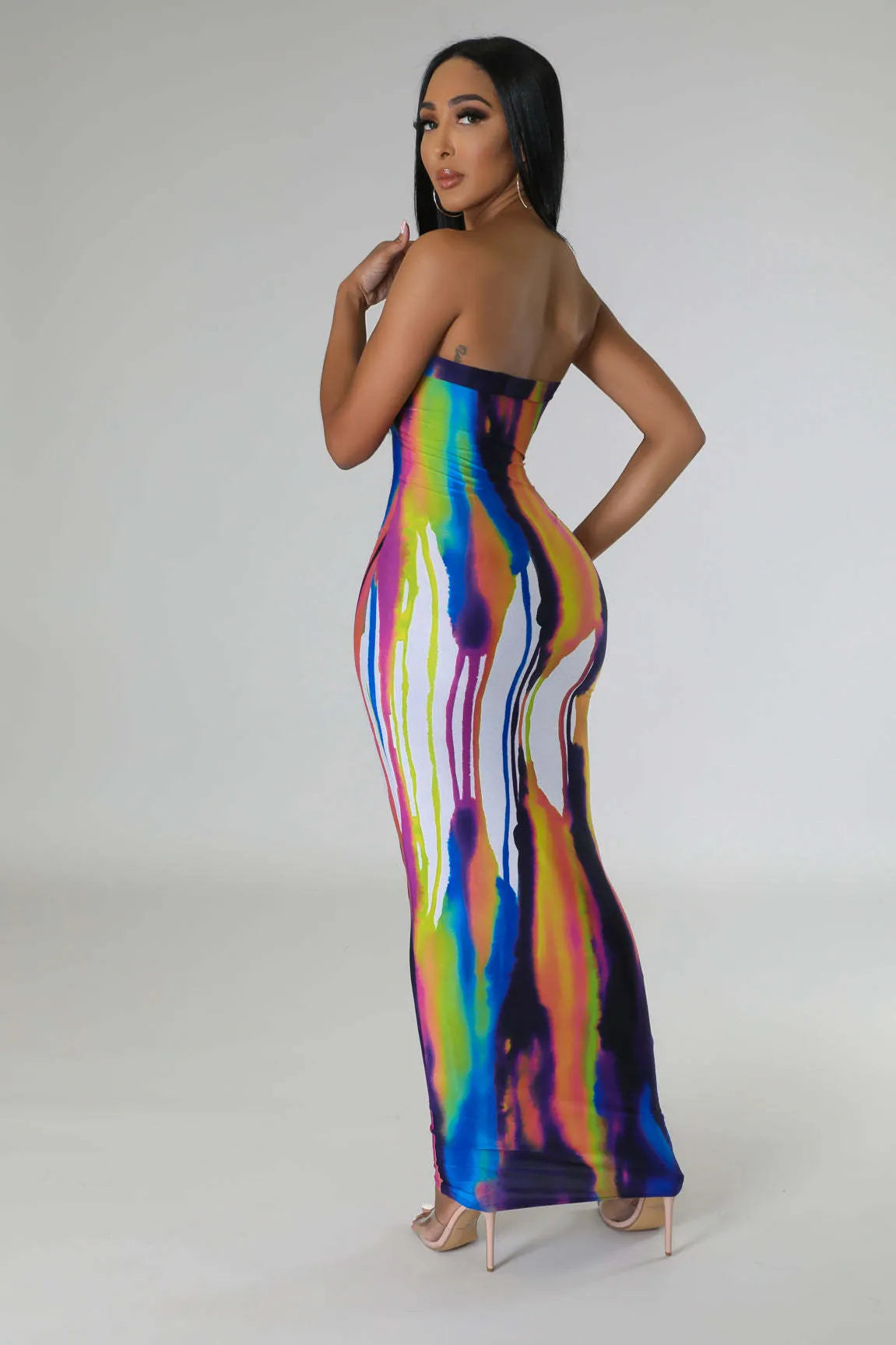 Women Sexy Digital Print Tube Top Maxi Dress Slim Fit Abstract Sunset Palm Tree Printed Strapless